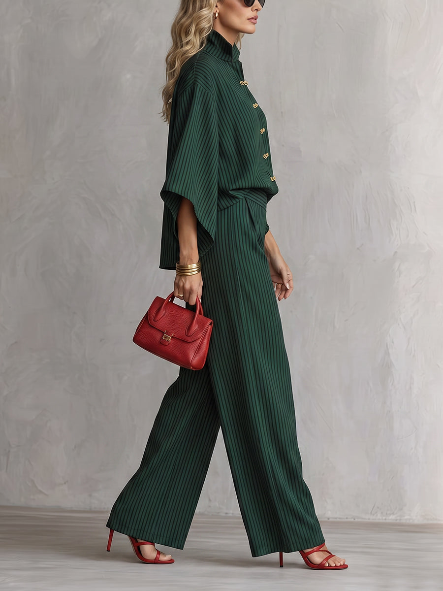 Striped Frog Button Contrast Color Three-quarter Sleeves Batwing Sleeves Stand Collar Blouses&shirts Tops