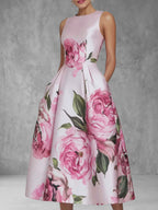 Zipper Pockets Pleated Flower Print Contrast Color Sleeveless High Waisted Round-Neck Midi Dresses
