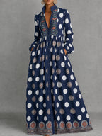 Polka-Dot Pockets Pleated Contrast Color Buttoned Big Hemline Puff Sleeves Loose Stand Collar Maxi Dresses