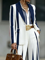 Striped Contrast Color Buttoned Long Sleeves Notched Collar Outerwear Blazer