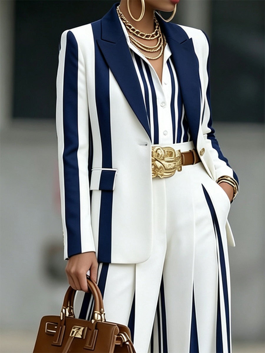 Striped Contrast Color Buttoned Long Sleeves Notched Collar Outerwear Blazer