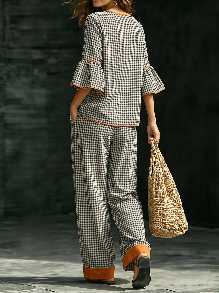 Pockets Plaid Contrast Color Wide Leg High Waisted Trousers Pants