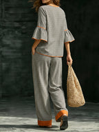 Split-Joint Plaid Contrast Color Three-quarter Sleeves Flared Sleeves V-neck Blouses&shirts Tops
