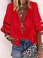 Loose Seven-Quarter Sleeves Hollow Solid Color Split-Joint Zipper Stand Collar Blouses&Shirts Tops