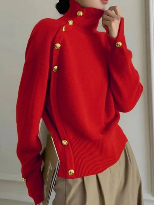 Long Sleeves Loose Beaded Solid Color Split-Side High Neck Sweater Tops