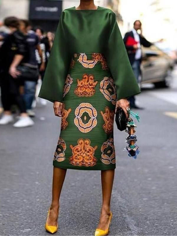 Long Sleeves Printed Round-Neck Midi Dresses