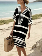 Half Sleeves Loose Contrast Color Split-Joint V-Neck Midi Dresses