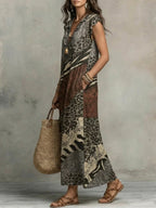 Ruffled Printed Pockets Sleeveless Loose V-Neck Maxi Dresses