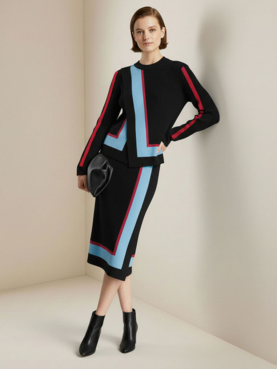 Irregularity Long Sleeves Abstract Printed Asymmetric Contrast Color Ribs Split-Joint Round-Neck Sweater Tops