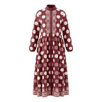 Polka-Dot Pockets Pleated Contrast Color Buttoned Big Hemline Puff Sleeves Loose Stand Collar Maxi Dresses