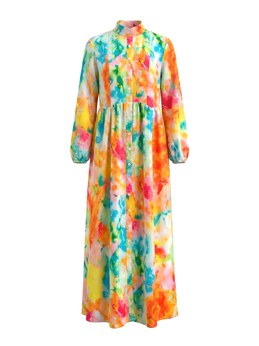 Printed Pockets Pleated Contrast Color Buttoned Long Sleeves A-Line Lapel Shirt Dress Maxi Dresses