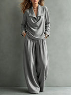 Solid Color Lapel Long Sleeves Blouses&shirts Tops + High Waisted Pleated Pockets Pants Trousers Two Pieces Set