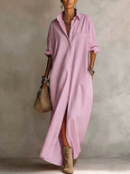 Long Sleeves Loose Buttoned Pockets Solid Color Lapel Maxi Dresses Shirt Dress