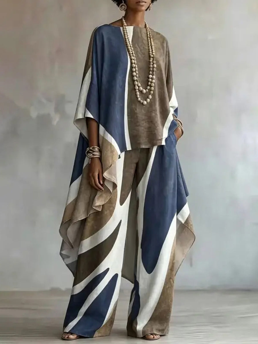 Contrast Color Asymmetric Three-quarter Sleeves Loose Boat Neck Blouses&shirts Tops