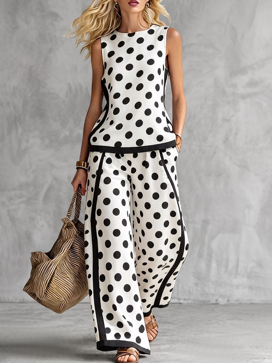Polka Dot Contrast Color Sleeveless Round-neck Tank Top