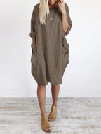 Long Sleeves Loose Pockets Solid Color Round-Neck Mini Dresses