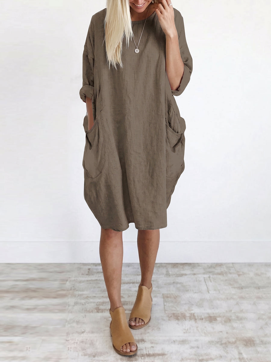 Long Sleeves Loose Pockets Solid Color Round-Neck Mini Dresses