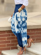 Split-Joint Printed Contrast Color High Waisted Trousers Ankle-Tied Pants