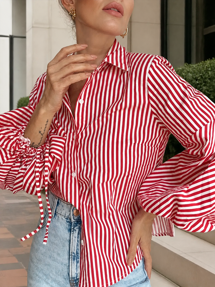 Striped Split-Joint Drawstring Buttoned Puff Sleeves Loose Lapel Blouses&shirts Tops