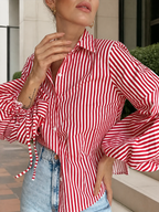 Striped Split-Joint Drawstring Buttoned Puff Sleeves Loose Lapel Blouses&shirts Tops