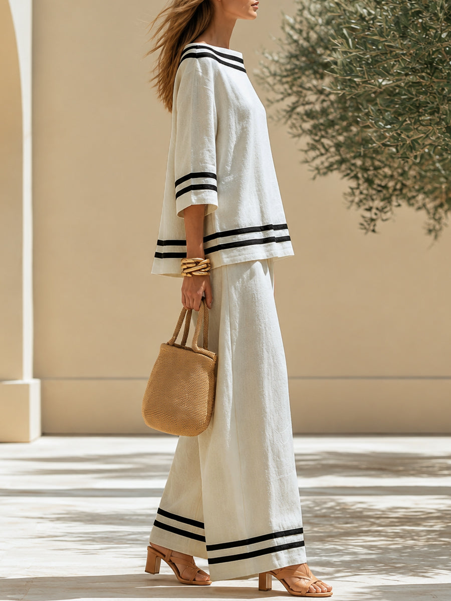 Striped Contrast Color Three-quarter Sleeves Loose Boat Neck Blouses&shirts Tops