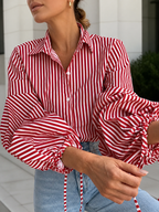 Striped Split-Joint Drawstring Buttoned Puff Sleeves Loose Lapel Blouses&shirts Tops