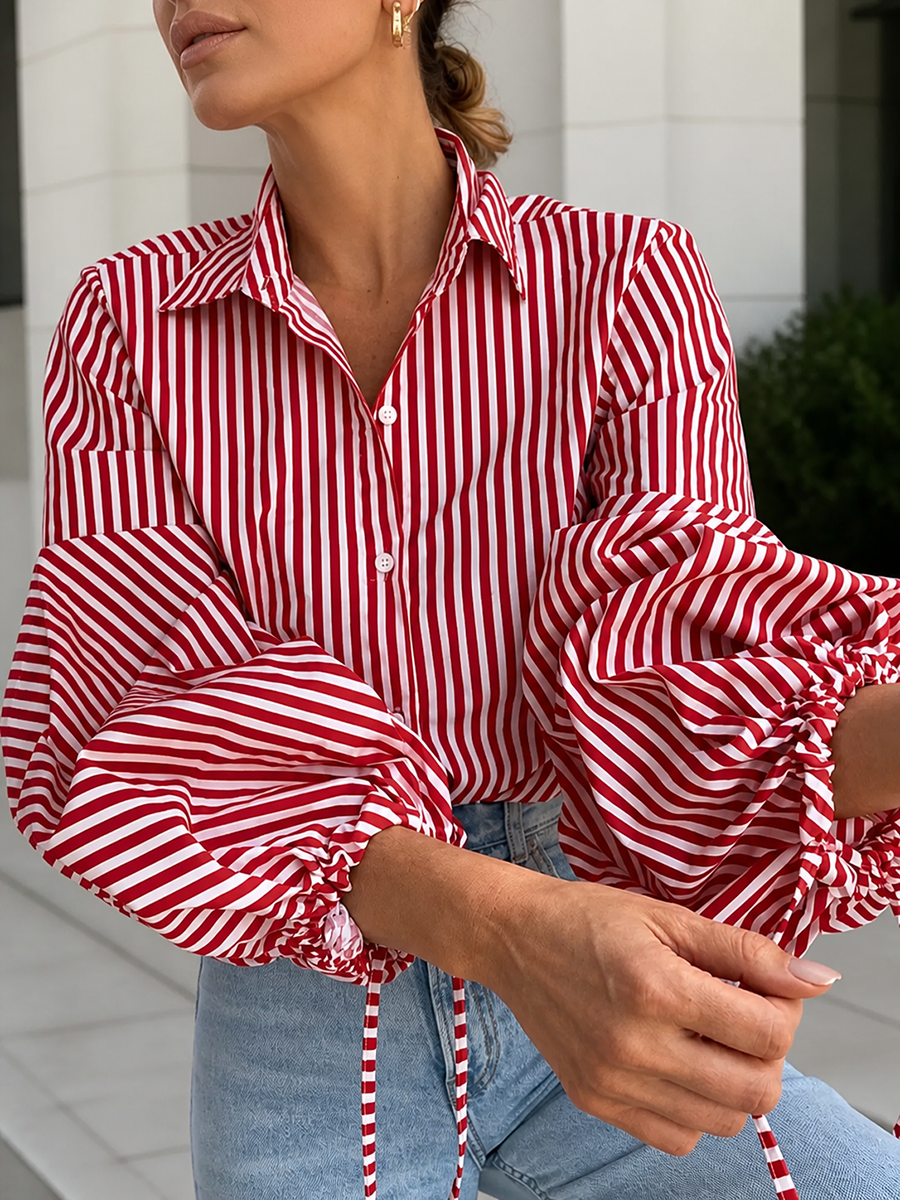 Striped Split-Joint Drawstring Buttoned Puff Sleeves Loose Lapel Blouses&shirts Tops