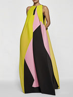 A-Line Loose Color-Block Pleated Split-Joint Round-Neck Maxi Dresses