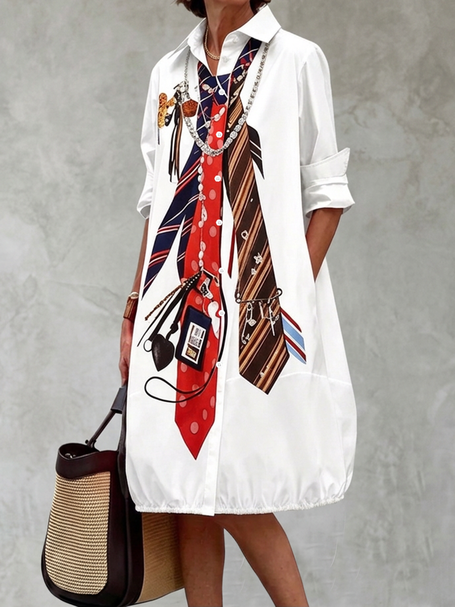 Long Sleeves Loose Buttoned Pockets Printed Lapel Midi Dresses