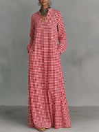 Pockets Plain Contrast Color Puff Sleeves Loose V-neck Maxi Dresses
