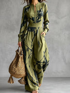 Zipper Printed Pockets Contrast Color Wide Leg Loose V-neck Jumpsuits