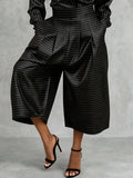Striped Pockets Pleated Wide Leg Loose Pants Cropped Trousers