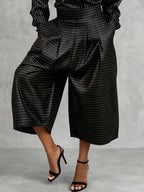 Striped Pockets Pleated Wide Leg Loose Pants Cropped Trousers