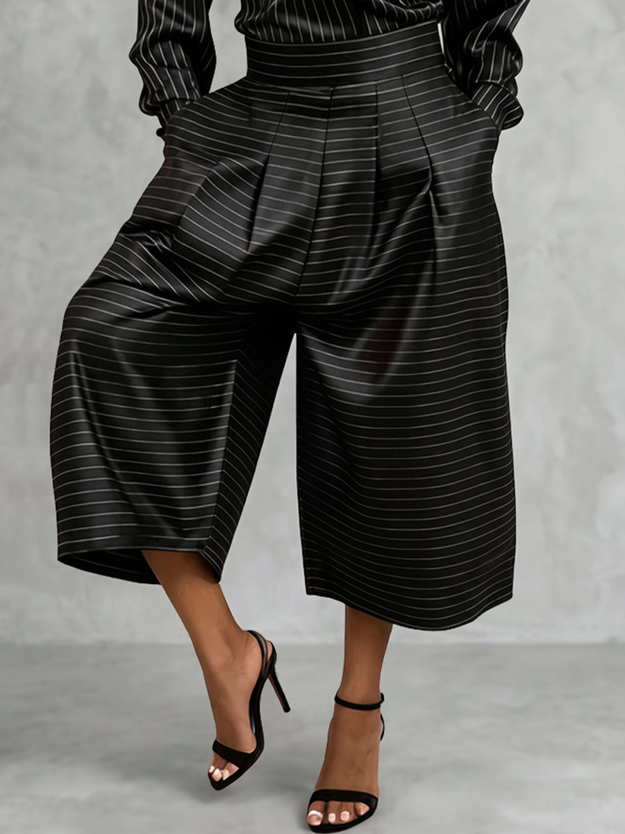 Striped Pockets Pleated Wide Leg Loose Pants Cropped Trousers