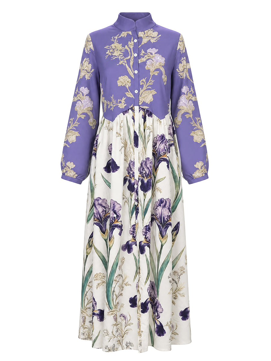 Split-Joint Ruched Pockets Flower Print Contrast Color Buttoned Loose Long Sleeves Stand Collar Maxi Dresses