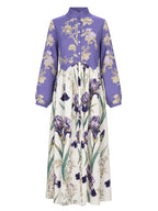 Split-Joint Ruched Pockets Flower Print Contrast Color Buttoned Loose Long Sleeves Stand Collar Maxi Dresses