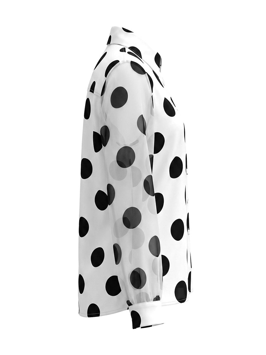 Long Sleeves Loose Buttoned Polka-Dot Printed Lapel Blouses&Shirts Tops