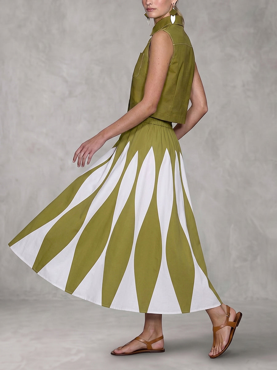 A-Line High Waisted Contrast Color Pleated Printed Skirts Bottoms