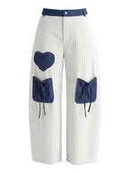 High Waisted Loose Buttoned Contrast Color Pockets Split-Joint Striped Tied Pants Trousers