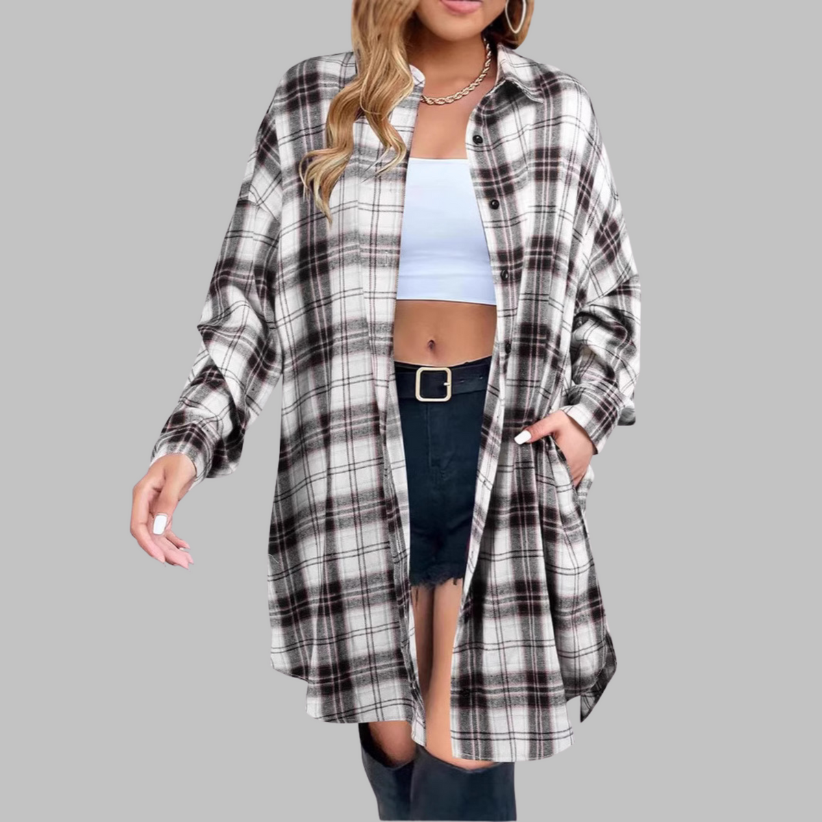 PALOMA™ - Classy Button Down Plaid Long-Sleeve Jacket