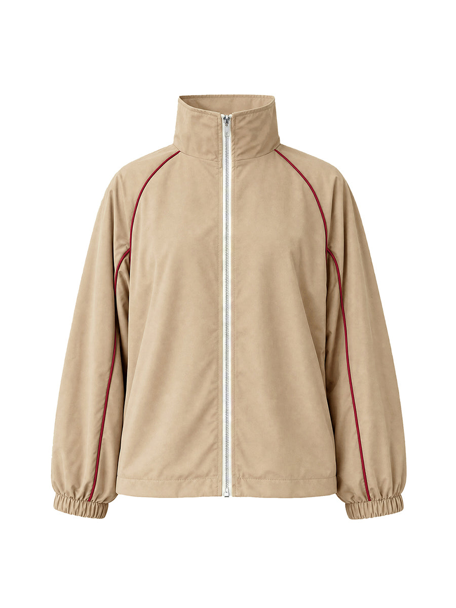 Zipper Drawstring Contrast Color Loose Half Sleeves Lapel Outerwear