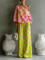 Long Sleeves Loose Asymmetric Polka-Dot One-Shoulder Blouses&Shirts Tops