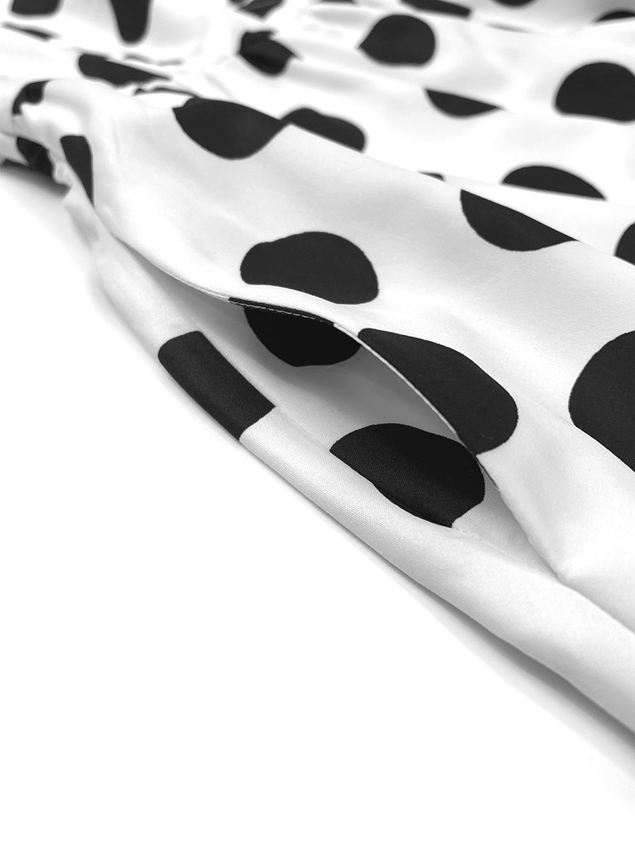 A-Line Half Sleeves Buttoned Contrast Color Elasticity Polka Dot Lapel Maxi Dresses Shirt Dress
