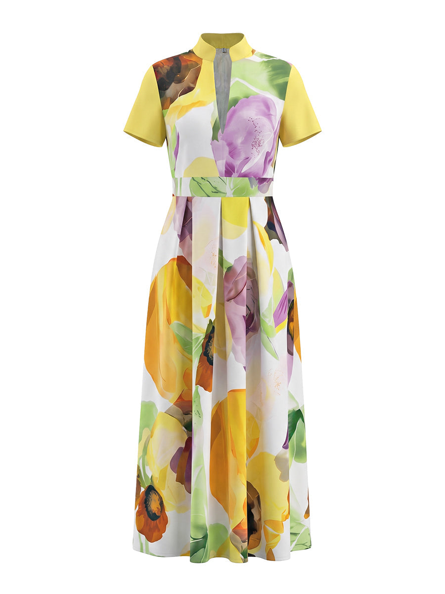 A-Line Loose Pleated Pockets Printed Zipper Stand Collar Maxi Dresses