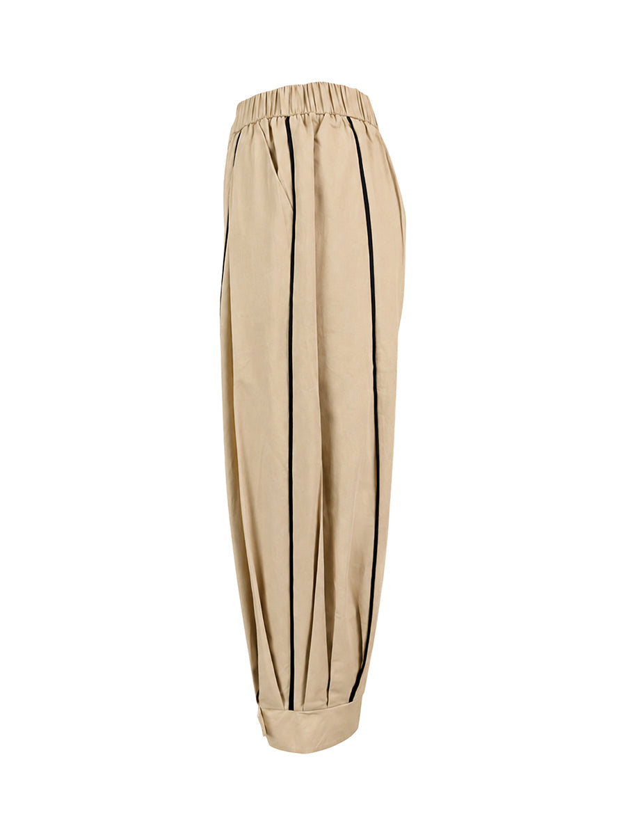 Solid Color Pockets Elasticity Buttoned Wide Leg Cropped Trousers Pants