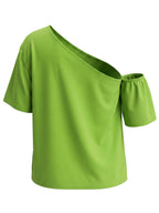 Short Sleeves Contrast Color Flower Print One-Shoulder Blouses&Shirts Tops