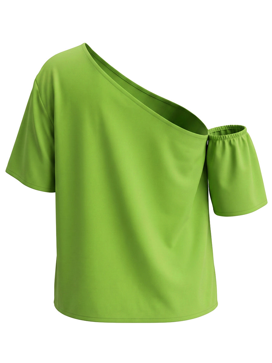Short Sleeves Contrast Color Flower Print One-Shoulder Blouses&Shirts Tops