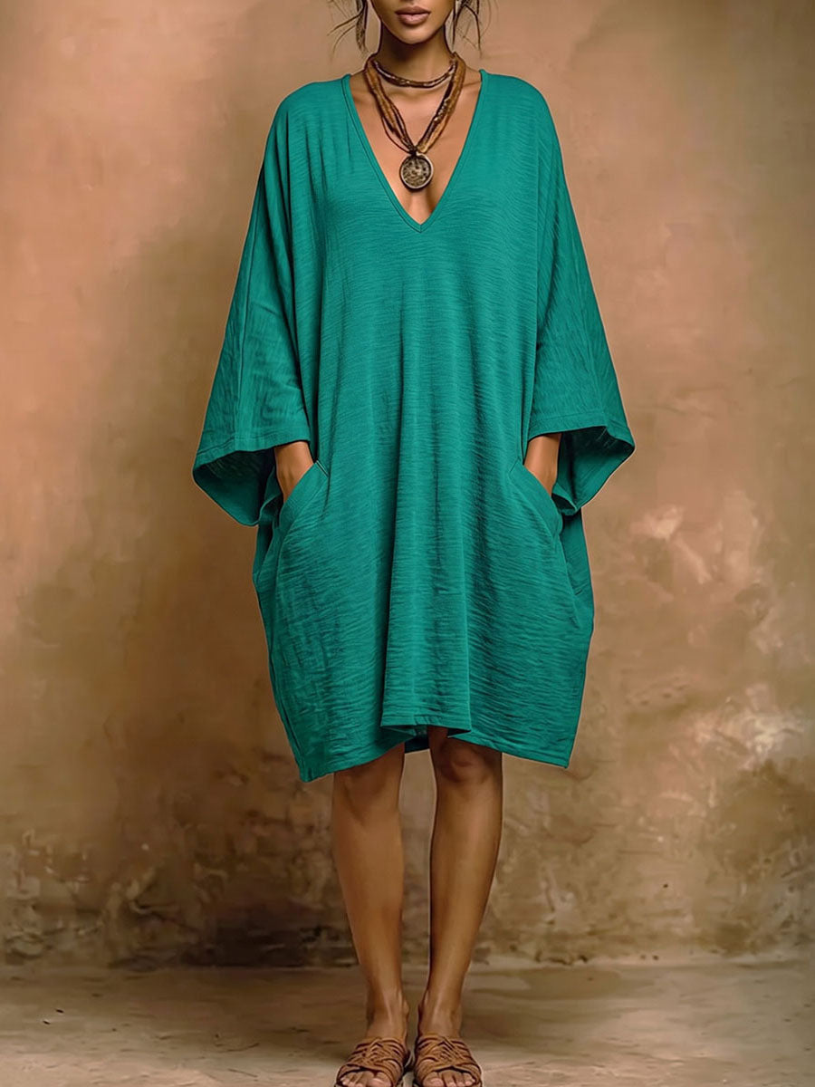 Batwing Sleeves Loose Pockets Solid Color Deep V-Neck Mini Dresses