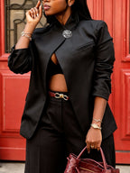 Solid Color Buttoned Asymmetric Three-quarter Sleeves Stand Collar Outerwear