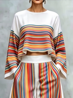 Striped Contrast Color Colorful Long Sleeves Flared Sleeves Round-neck Blouses&shirts Tops